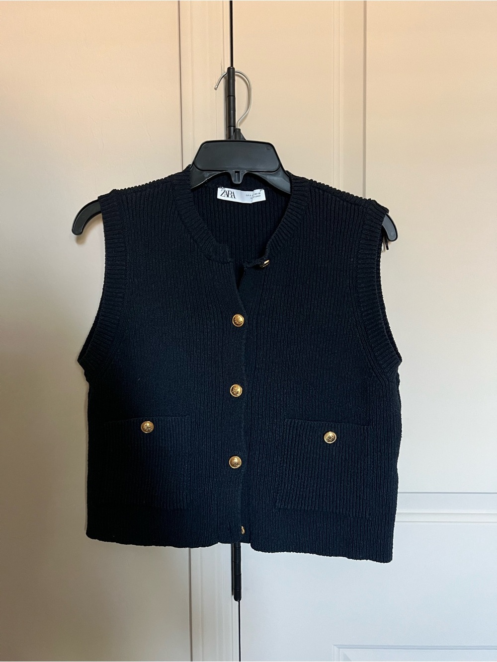 Zara Navy Ribbed Knit Sleeveless Cardigan with Gold Buttons